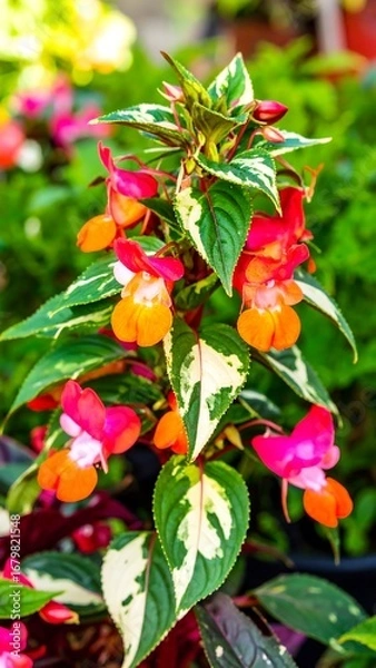 Fototapeta Vibrant cluster of multicolored flowers with variegated leaves displays a riot of pinks and oranges.