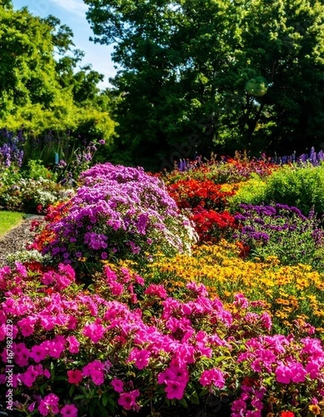 Fototapeta Vibrant flowerbeds bursting with color, showcasing a dazzling array of petals in a sunny garden setting.