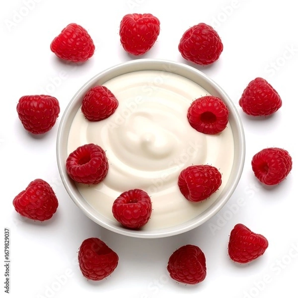 Fototapeta A bowl of creamy yogurt topped with fresh raspberries arranged artistically around the dish.