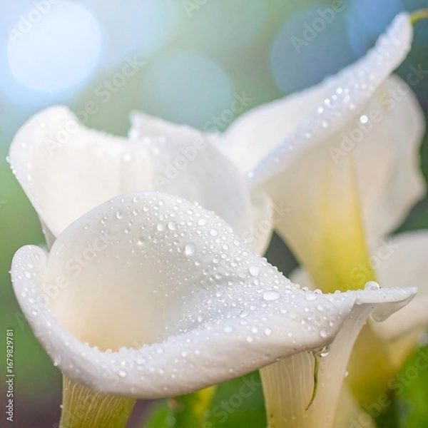 Fototapeta Close-up view of pristine white Calla lilies, adorned with glistening water droplets, showcasing delicate petals and a soft, serene mood.