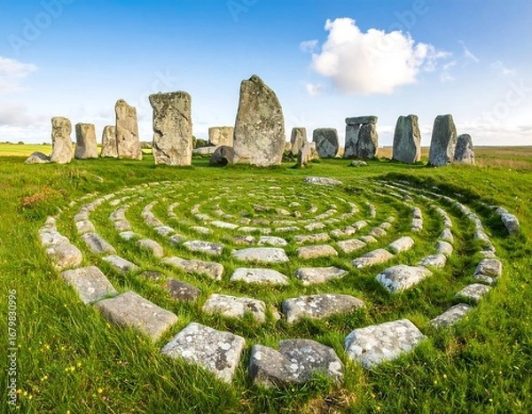 Fototapeta A sprawling stone circle with a spiraling pathway of grey stones sits amidst a field of vibrant green grass under a clear blue sky.