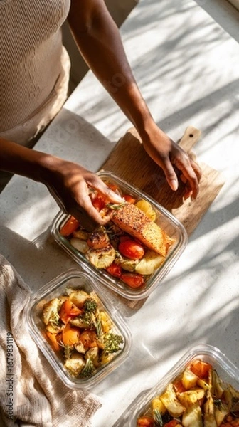 Fototapeta Woman is arranging roasted salmon and vegetables into glass meal prep containers on a kitchen counter, creating nutritious and convenient meals