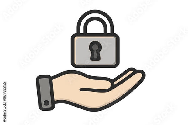 Fototapeta Hand holding a closed padlock. Line icon concept for security, safety, and protection. Metaphor for data privacy, access control, confidentiality, and secure information.