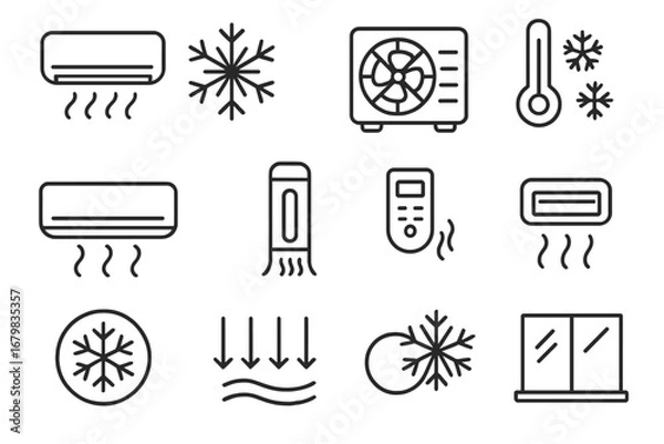 Fototapeta Air conditioner line icon set. Cooling, ventilation, climate control. Vector outline icons for HVAC service, remote, cold air flow, temperature, fan, snowflake pictogram.