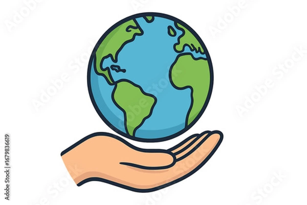 Fototapeta Hand holding planet Earth. Save our planet concept. Globe in human palm. Environment care and conservation. Ecology, sustainability, and global protection vector icon. Earth Day.