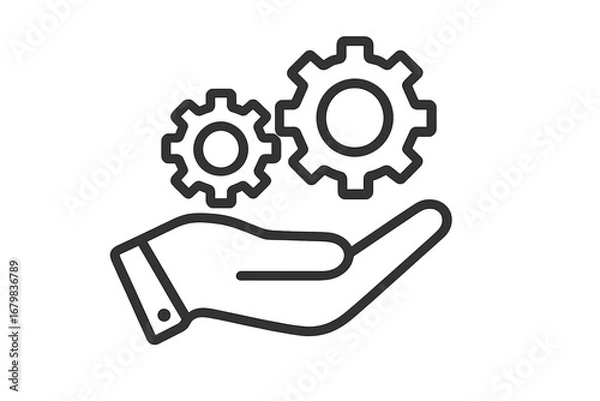 Fototapeta Hand with cogs and gears line icon. Concept of technical support, service, development, and progress. Engineering, automation, and business solutions. Innovation and implementation.