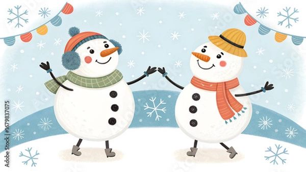 Fototapeta Snowman frame — cheerful snowmen holding hands, forming a playful border.
