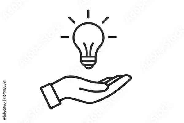 Fototapeta Hand holding light bulb line icon. Concept of new idea, innovation, inspiration and creativity. Business solution, knowledge sharing, and support symbol. Vector illustration.