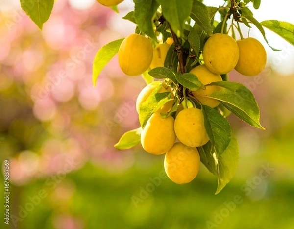 Fototapeta Ripe yellow plums hang on a branch against a backdrop of out-of-focus blossoms and foliage, bathed in the soft glow of sunlight.