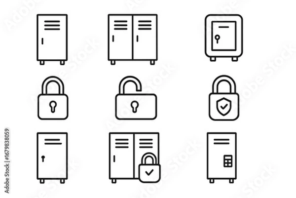 Fototapeta Secure locker and padlock outline icon set. Linear security, safe box, privacy, lock, open and closed lockers, editable stroke. Vector illustration for web, apps, business, technology, infographics.