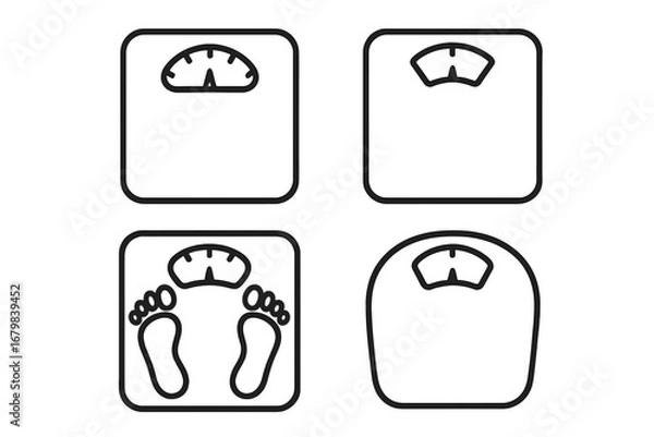 Obraz Floor scale and weight measurement line icon set. Concepts for diet, health, fitness, weight loss, body mass, obesity. Outline vector pictograms for graphic and web design, apps.