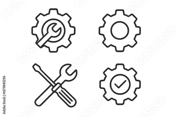 Fototapeta Thin line icons set for settings, maintenance, repair, gear, cog, wrench, screwdriver, check mark. Editable stroke vector illustration for web, app UI, user interface, tools, technology, engineering.