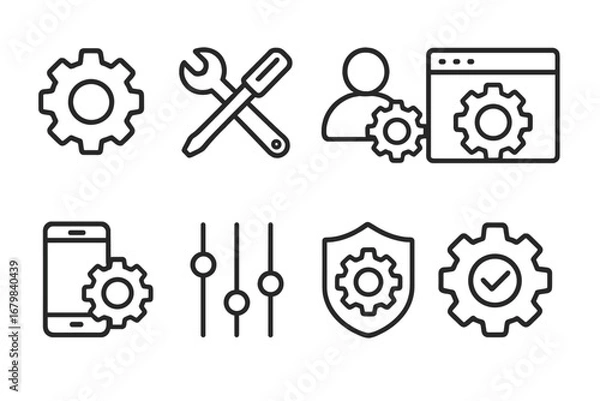 Fototapeta Thin Line Technology Icons Set for Settings, Configuration, Customization, Security, Mobile, Web, Tools, User Preferences, Maintenance, Editable Stroke, Transparent Background, Vector Illustration