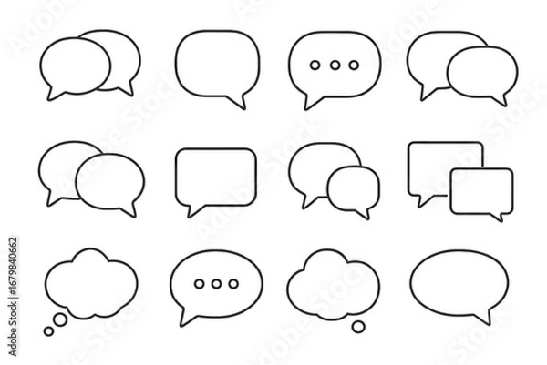 Fototapeta Speech bubbles icons vector set. Outline chat, dialogue, talk, comment, discussion, message, communication bubble line icons bundle. Editable stroke cartoon illustration for web, apps, books, design