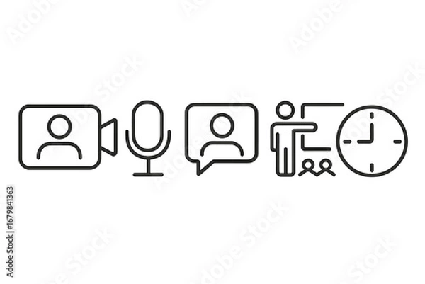 Fototapeta Online meeting and communication line icon set. Video conference, webinar, presentation, and chat symbols. Business collaboration and time management vector icons.
