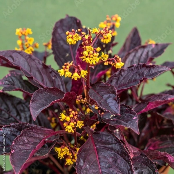 Fototapeta Close-up view of a vibrant plant with deep burgundy leaves and clusters of small, bright yellow flowers.