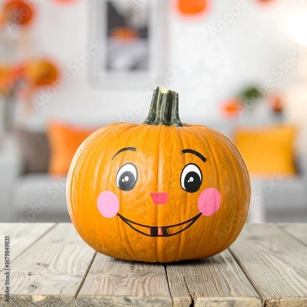 Fototapeta A cheerful orange pumpkin, adorned with a playful face, sits on a rustic wooden table, the vibrant colors contrasting with the blurred background.