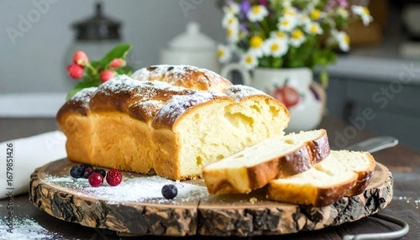 Fototapeta Freshly baked sweet bread loaf, dusted with powdered sugar, is sliced and displayed on a rustic wooden board.