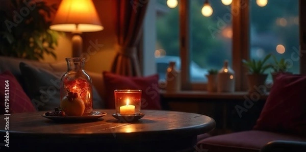 Fototapeta Relaxed, slightly tipsy evening  A cozy scene with dimmed lights, a warm drink, and comfortable surroundings; perfect for unwinding after a long day  Peaceful and serene atmosphere , alcohol, blanket