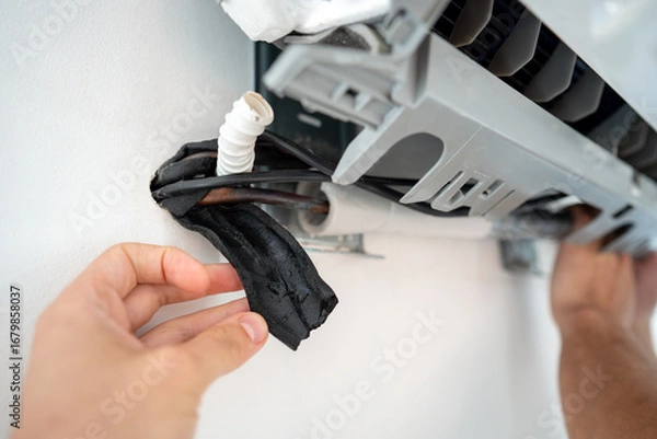 Fototapeta Worn protective sleeve on refrigerant line lead to condensation overflow and moisture damage. Faulty pipe insulation in AC, cooling unit water leak from exposed tubing, climate device malfunction