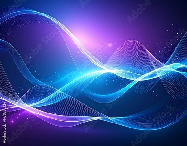Fototapeta Abstract design with vibrant blue and purple waves, detailed lines, and shimmering particles creates a dynamic and futuristic visual effect.