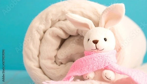 Fototapeta A soft, white stuffed rabbit, wearing a pink scarf, sits beside a rolled-up, cream-colored blanket against a teal background.
