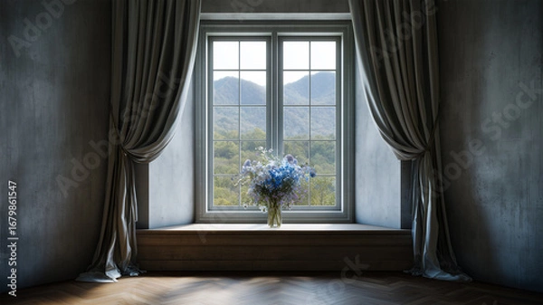 Fototapeta コンクリ壁と濃色床の落ち着く出窓の室内空間