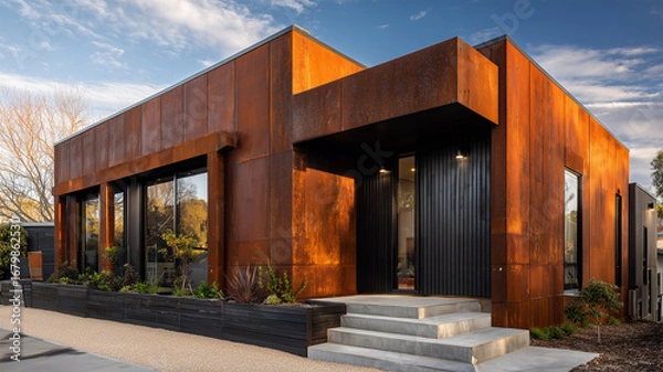 Fototapeta コールテン鋼外壁と黒枠が際立つスタイリッシュ外観