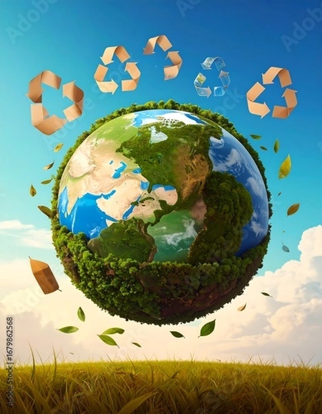 Fototapeta A vibrant illustration of the Earth, adorned with foliage, recycling symbols, and floating leaves, hovering amidst a grassy field under a clear sky.