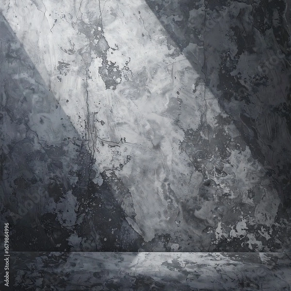 Fototapeta A grayscale interior scene featuring a textured concrete wall and floor, illuminated by angled sunlight.