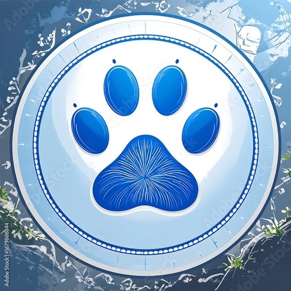 Fototapeta A circular, light-blue emblem displays a detailed, intricate blue paw print design, surrounded by a decorative border.