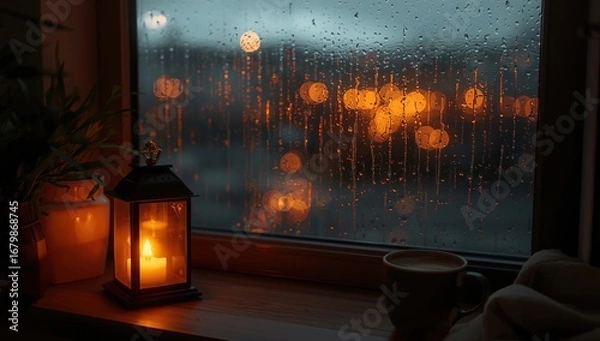 Fototapeta Fireplace in the living room, raindrops streaking down the glass, winter, autumn, cold, warm, using generative Ai