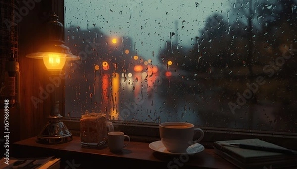 Fototapeta Rainfall on Window, Lamp and Cup of Coffee, winter, autumn, cold season, using generative ai