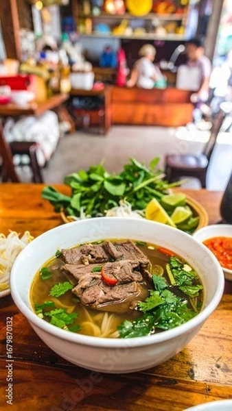 Fototapeta A bowl of flavorful beef pho, brimming with tender beef, noodles, herbs, and spices, is centrally positioned on a rustic wooden table.