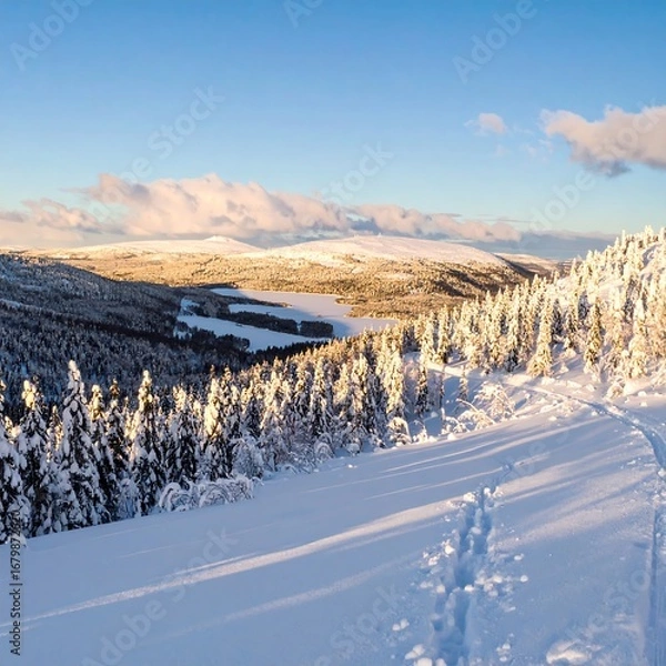 Fototapeta Snowy mountain vista reveals a pristine landscape of frosted forests and a serene lake nestled within the valley below.
