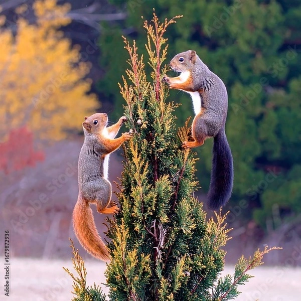 Fototapeta Two squirrels climb a vibrant evergreen tree, showcasing their agility and attentiveness to the surrounding autumnal foliage.