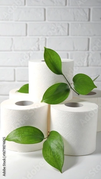 Fototapeta Stack of white toilet paper rolls adorned with vibrant green leaves, set against a clean white brick wall, conveying a sense of nature and hygiene.