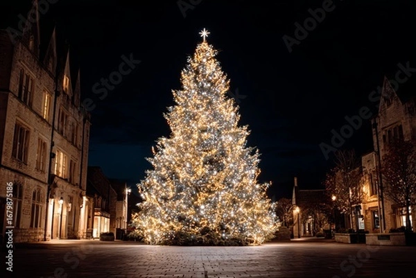 Fototapeta Majestic Christmas tree illuminated with lights in city square at night / Large decorated Christmas tree shining bright in urban street