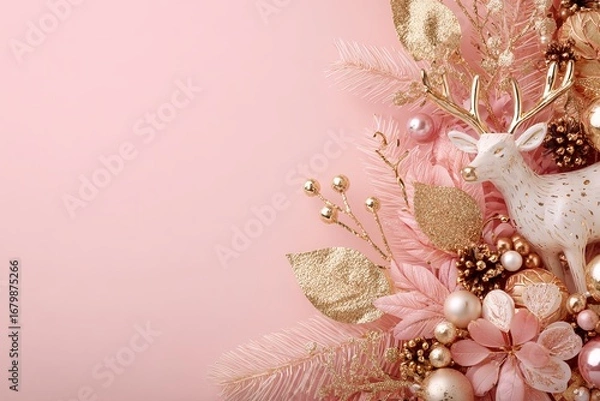 Fototapeta Elegant Christmas ornaments in pink and gold on pastel background / Pink pastel Christmas background with sparkling ornaments
