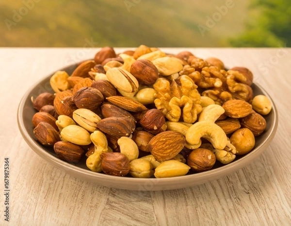Fototapeta A plate filled with a colorful assortment of nuts, including almonds, cashews, walnuts, hazelnuts, and pistachios, sits on a light-colored wooden surface.