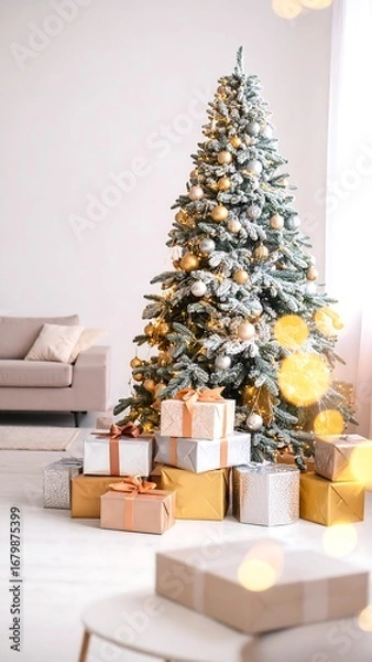 Fototapeta A festive Christmas tree adorned with glittering ornaments and presents, creating a warm and inviting living room scene.