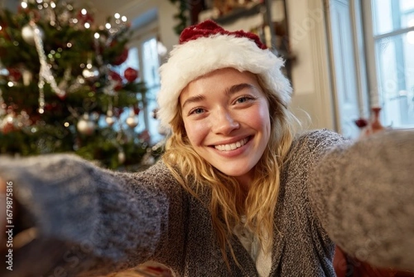 Fototapeta Smiling woman taking Christmas selfie in cozy home near decorated tree