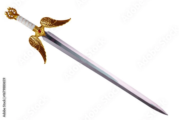Fototapeta Fantasy sword disposed by diagonal, isolated on white background. Cut out.