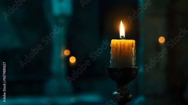 Obraz Moody candle light photography, vintage candle holder, soft light, atmospheric, wax drips, teal background