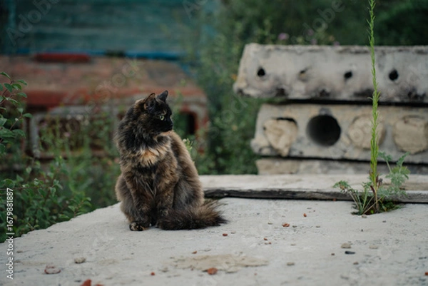 Obraz Tortoiseshell is a cat coat coloring, fluffy black brown tricolor pet with green eyes sitting on concrete slab.