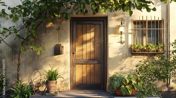 Obraz Charming rustic home entrance with wooden door plants and window garden design inspiration ideas