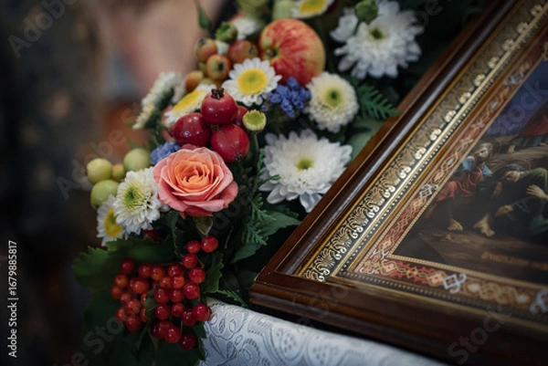 Obraz Traditional decoration with flowers and apples on the Feast of the Transfiguration in the Orthodox Church, Russia