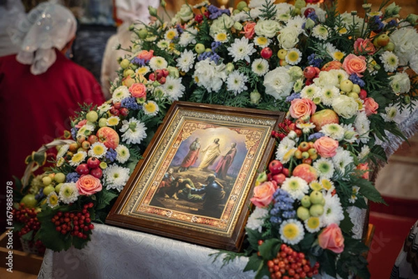 Obraz Traditional festive decoration with flowers, apples and mountain ash for Transfiguration icon in Orthodox church, Russia