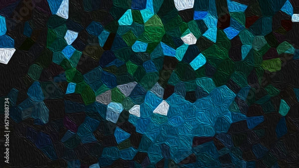 Fototapeta Dynamic abstract mosaic pattern featuring textured geometric polygons in deep blues and greens, creating a contemporary digital art background with a modern, artistic aesthetic