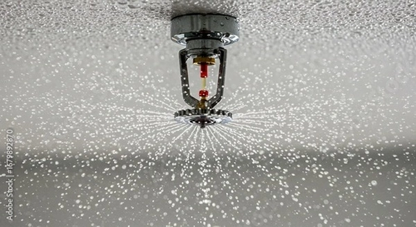 Fototapeta A sprinkler head is spraying out water, creating a fine mist that diffuses across the ceiling of the room.